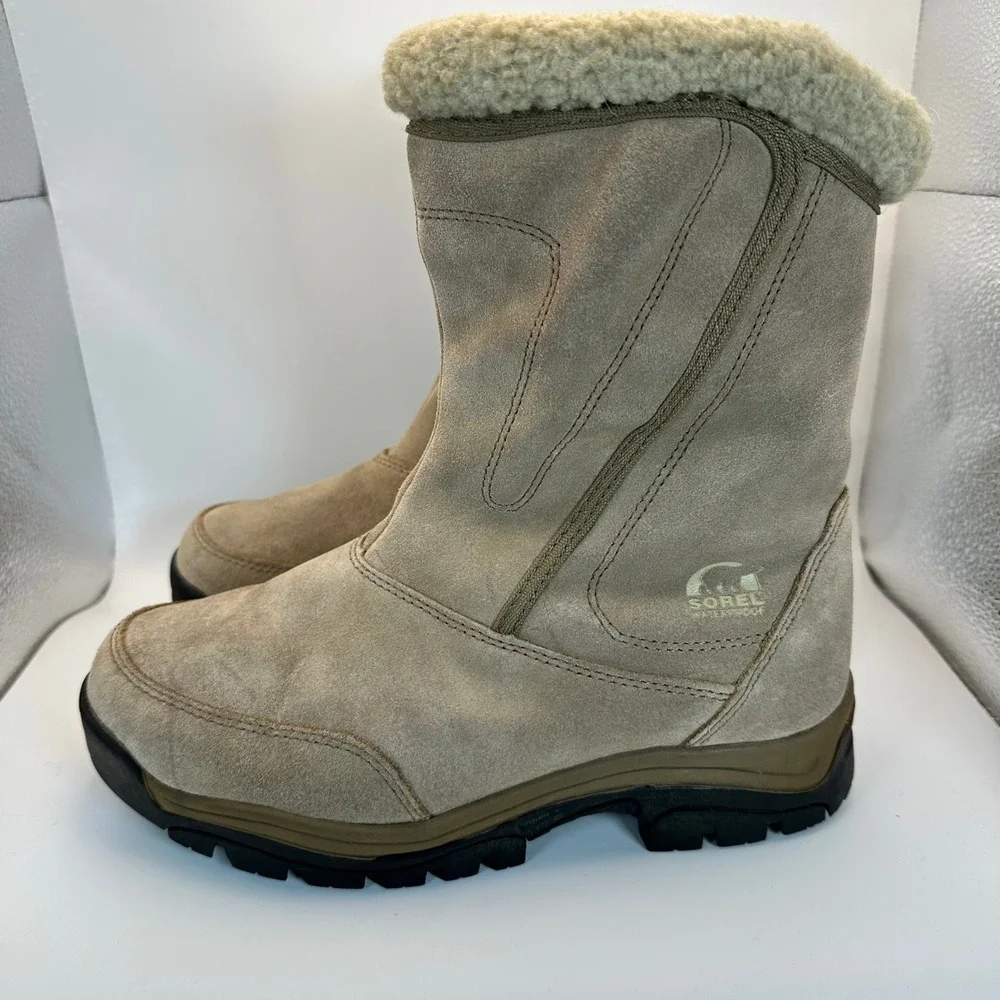 Sorel Waterproof Winter Boots Women 9 Tan Suede Faux Fur Gorpcore Outdoor 8174
